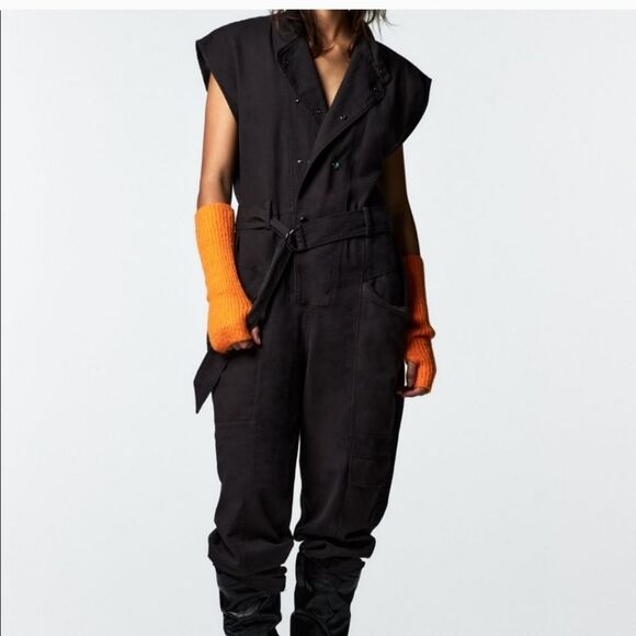 Zara Black Cotton Sleeveless Linen Blend Utility Jumpsuit Large S - Picture 1 of 11
